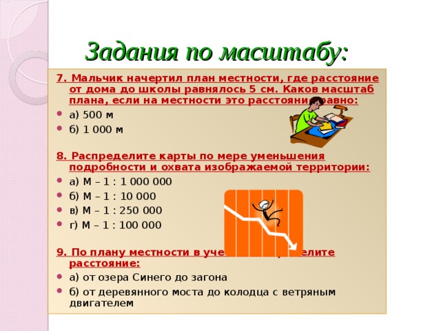 Каков масштаб если расстояние на местности равное 500 м на плане 10 см