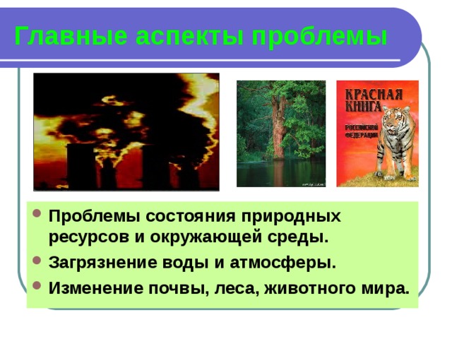 Главные аспекты проблемы Проблемы состояния природных ресурсов и окружающей среды. Загрязнение воды и атмосферы. Изменение почвы, леса, животного мира. 