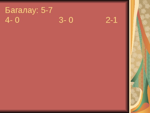 Багалау: 5-7  4- 0 3- 0 2-1 