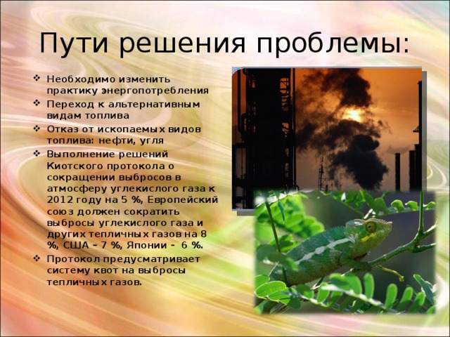 Пути решения проблемы: Необходимо изменить практику энергопотребления Переход к альтернативным видам топлива Отказ от ископаемых видов топлива: нефти, угля Выполнение решений Киотского протокола о сокращении выбросов в атмосферу углекислого газа к 2012 году на 5 %, Европейский союз должен сократить выбросы углекислого газа и других тепличных газов на 8 %, США – 7 %, Японии - 6 %. Протокол предусматривает систему квот на выбросы тепличных газов. 