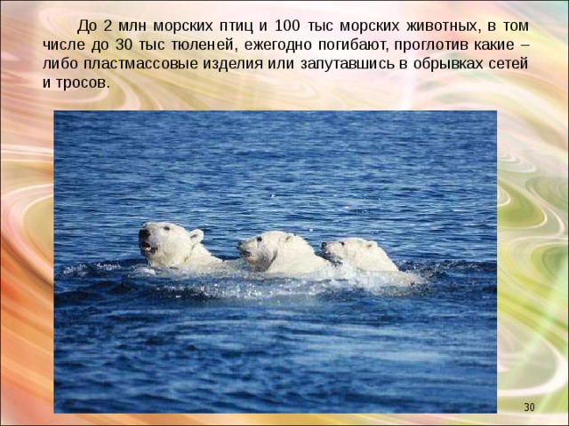  До 2 млн морских птиц и 100 тыс морских животных, в том числе до 30 тыс тюленей, ежегодно погибают, проглотив какие – либо пластмассовые изделия или запутавшись в обрывках сетей и тросов.  