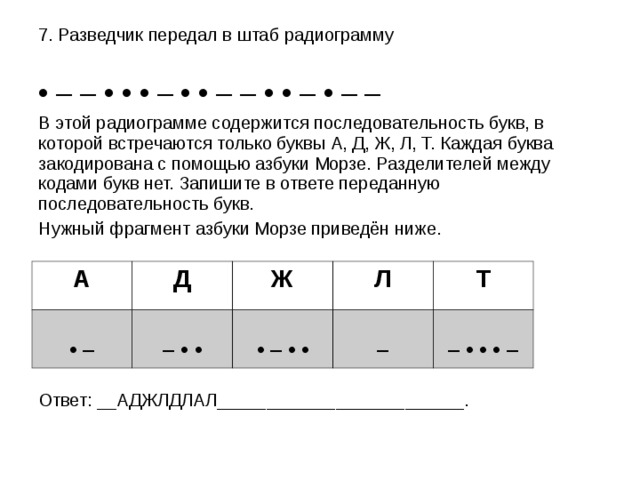 Последовательность букв. Разведчик передал в штаб радиограмму а д ж л т. Радиограмма по информатике. Отправляемая разведчиком радиограмма.