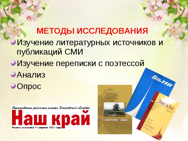 МЕТОДЫ  ИССЛЕДОВАНИЯ Изучение литературных источников и публикаций СМИ Изучение переписки с поэтессой Анализ Опрос  