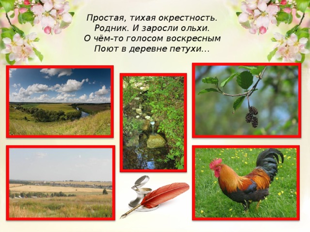 Простая, тихая окрестность.  Родник. И заросли ольхи.  О чём-то голосом воскресным  Поют в деревне петухи…   