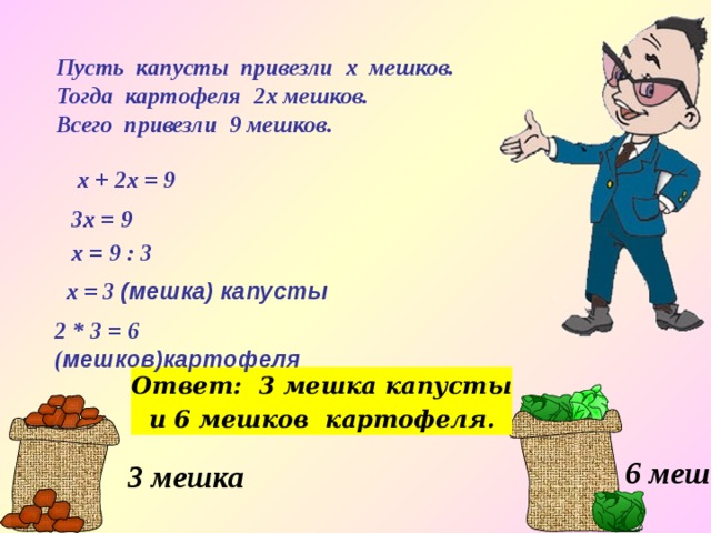Пусть капусты привезли х мешков. Тогда картофеля 2х мешков. Всего привезли 9 мешков.  x  + 2x = 9 3x = 9 x = 9 : 3 x = 3 (мешка) капусты 2 * 3 = 6 ( мешков)картофеля Составить и решить уравнение на доске. Ответ: 3 мешка капусты и 6 мешков картофеля. 6 мешков 3 мешка 14 