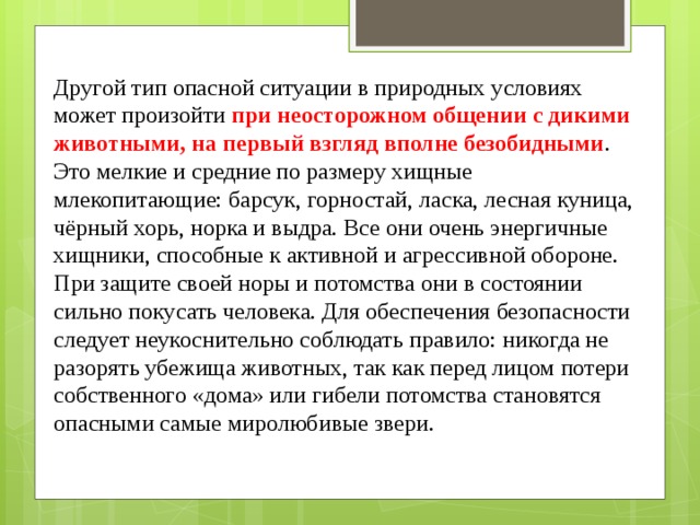 Другой тип опасной ситуации в природных условиях может произойти при неосторожном общении с дикими животными, на первый взгляд вполне безобидными . Это мелкие и средние по размеру хищные млекопитающие: барсук, горностай, ласка, лесная куница, чёрный хорь, норка и выдра. Все они очень энергичные хищники, способные к активной и агрессивной обороне. При защите своей норы и потомства они в состоянии сильно покусать человека. Для обеспечения безопасности следует неукоснительно соблюдать правило: никогда не разорять убежища животных, так как перед лицом потери собственного «дома» или гибели потомства становятся опасными самые миролюбивые звери. 