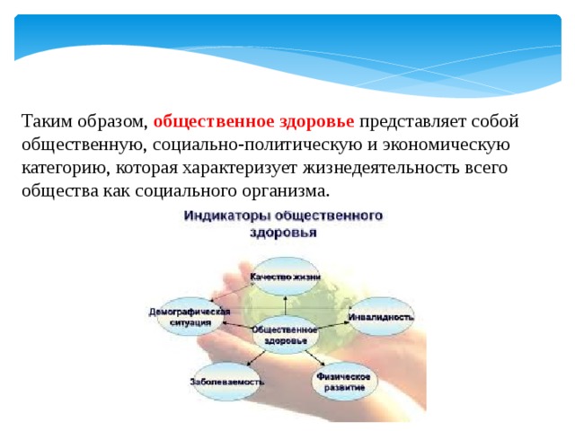 Таким образом, общественное здоровье представляет собой общественную, социально-политическую и экономическую категорию, которая характеризует жизнедеятельность всего общества как социального организма. 