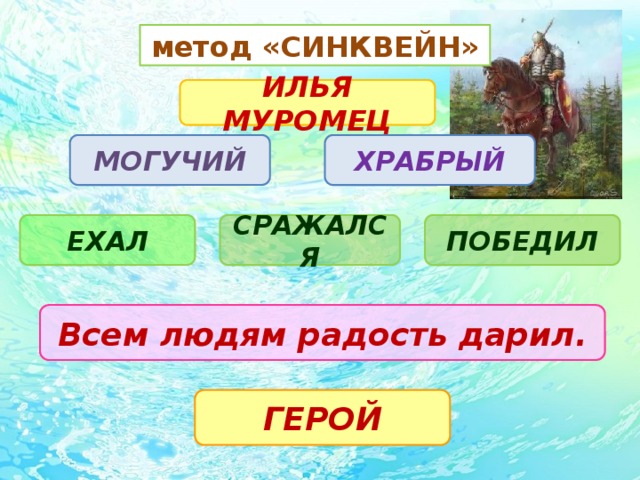 метод «СИНКВЕЙН» ИЛЬЯ МУРОМЕЦ МОГУЧИЙ ХРАБРЫЙ ЕХАЛ СРАЖАЛСЯ ПОБЕДИЛ Всем людям радость дарил. ГЕРОЙ 