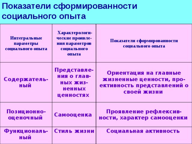 Показатели сформированности  социального опыта Интегральные параметры социального опыта Характерологи-ческие проявле-ния параметров социального опыта Содержатель-ный Показатели сформированности социального опыта Представле-ния о глав-ных жиз-ненных ценностях Позиционно-оценочный Ориентация на главные жизненные ценности, про-ективность представлений о своей жизни Самооценка Функциональ-ный Проявление рефлексив-ности, характер самооценки Стиль жизни Социальная активность 
