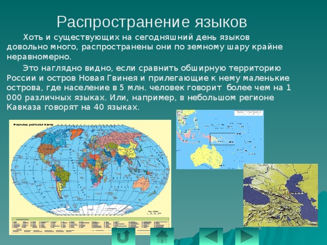 Распространение языков   Хоть и существующих на сегодняшний день языков довольно много, распространены они по земному шару крайне неравномерно.   Это наглядно видно, если сравнить обширную территорию России и остров Новая Гвинея и прилегающие к нему маленькие острова, где население в 5 млн. человек говорит более чем на 1 000 различных языках. Или, например, в небольшом регионе Кавказа говорят на 40 языках. 