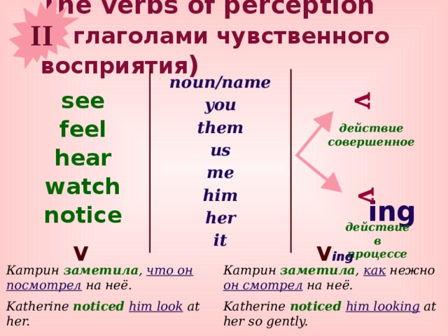 II V V The verbs of perception  ( с глаголами чувственного восприятия ) noun/name you them us me him her it see feel hear watch notice действие совершенное ing действие в процессе V V ing Катрин заметила , что он посмотрел на неё. Катрин заметила , как нежно он смотрел на неё. Katherine noticed  him look at her. Katherine noticed  him looking at her so gently. 