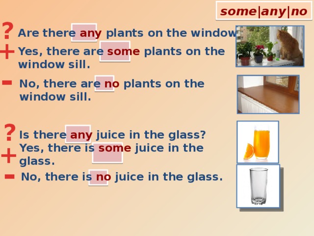 some|any|no ? Are there any plants on the window sill?  + Yes, there are some plants on the window sill. - No, there are no plants on the window sill. ? Is there any juice in the glass?  + Yes, there is some juice in the glass. - No, there is no juice in the glass. 