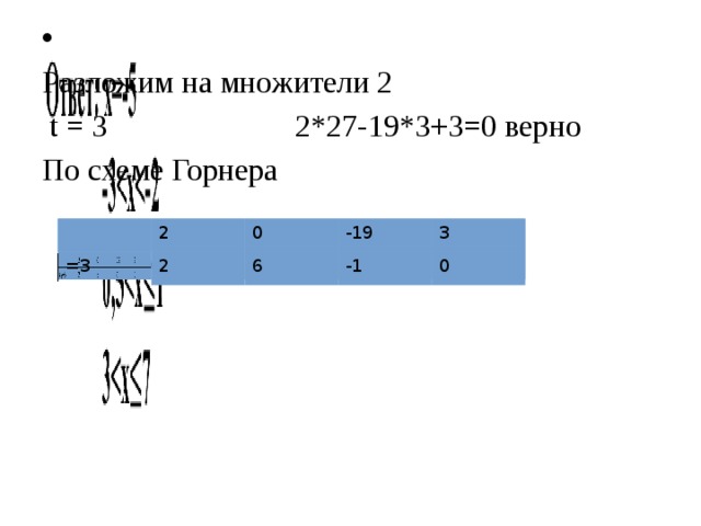   Разложим на множители 2  t = 3 2*27-19*3+3=0 верно По схеме Горнера 2 2 =3 0 0 2 2 -19 -19 6 6 -1 3 3 -1 0 0 