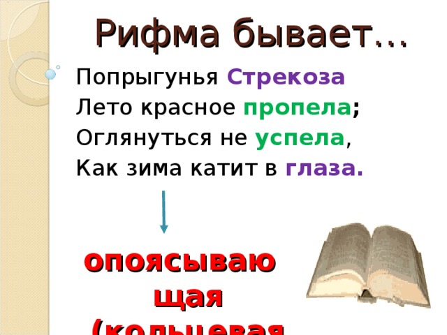 Рифма бывает… Попрыгунья  Стрекоза  Лето красное пропела ; Оглянуться не успела , Как зима катит в глаза. !  Вывод : мы узнали и научились распознавать некоторые виды рифм: парная, перекрёстная, кольцевая (или опоясывающая).  опоясывающая (кольцевая)  