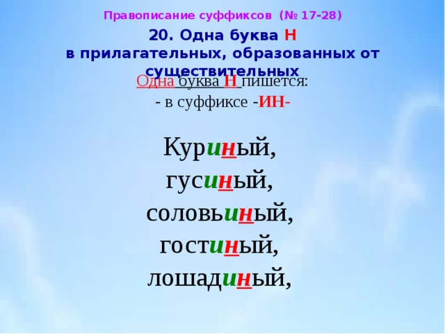 Суффиксы прилагательных образованных от существительных