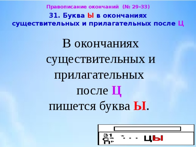 Буква и пишется в окончаниях. Буква ы в окончаниях существительных и прилагательных после ц. В окончании имени существительного после ц пишется буква и. Правописание ы и и в окончаниях. В окончаниях прилагательных после ц пишется ы.