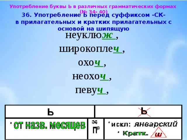 Ь в грамматических формах слов. Прилагательные с основой на шипящую. Написание ь после шипящих в кратких прилагательных.