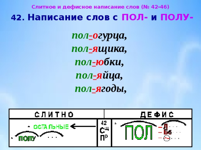 Дефисное написание пол со словами. Правописание приставки пол. Правописание пол полу правило. Написание пол со словами. Правописание слов с пол и полу.