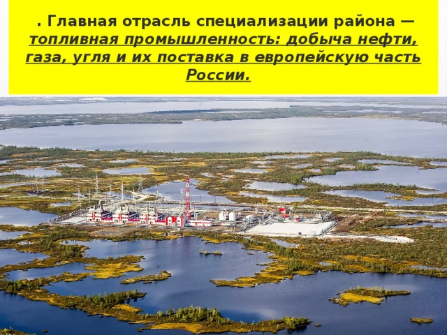  . Главная отрасль специализации района — топливная промышленность: добыча нефти, газа, угля и их поставка в европейскую часть России.  