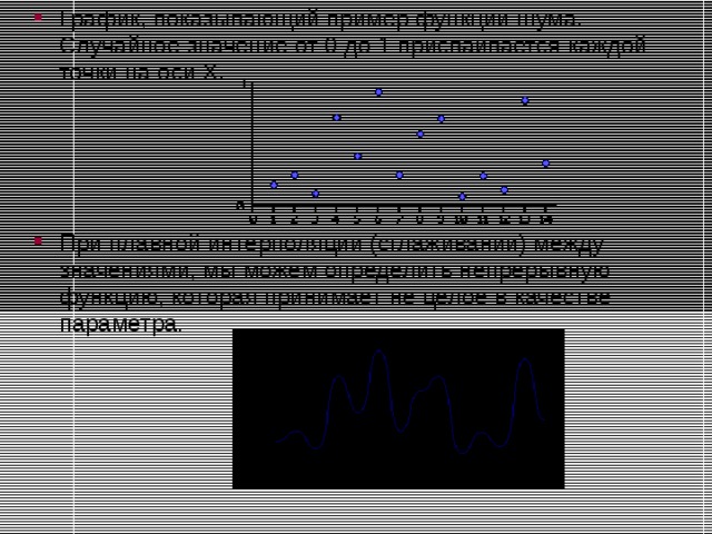 График, показывающий пример функции шума. Случайное значение от 0 до 1 присваивается каждой точки на оси X .    При плавной интерполяции (сглаживании) между значениями, мы можем определить непрерывную функцию, которая принимает не целое в качестве параметра.   