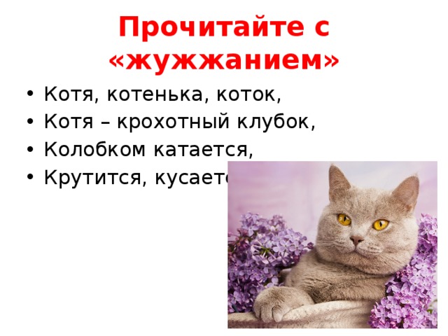 Прочитайте с «жужжанием» Котя, котенька, коток, Котя – крохотный клубок, Колобком катается, Крутится, кусается… 