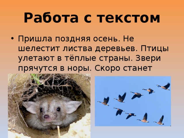 Работа с текстом Пришла поздняя осень. Не шелестит листва деревьев. Птицы улетают в тёплые страны. Звери прячутся в норы. Скоро станет тихо и пусто. 