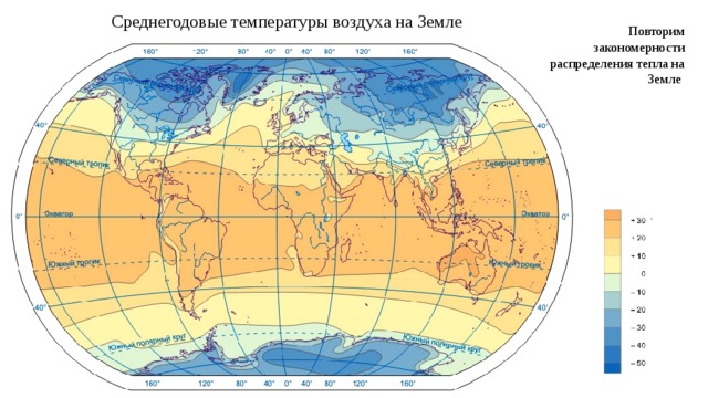 Среднегодовые температуры воздуха на Земле Повторим закономерности распределения тепла на Земле 