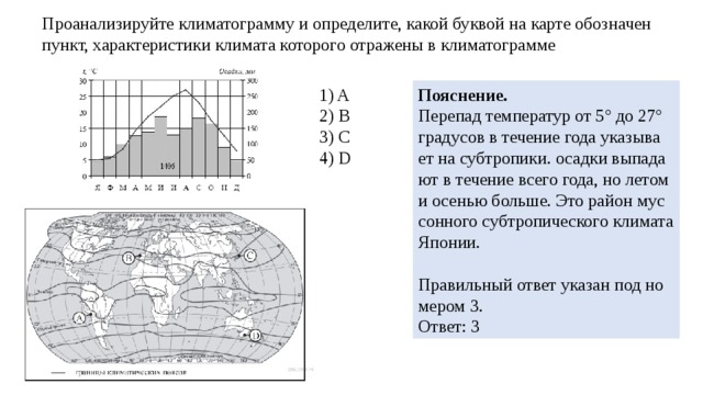 Про­ана­ли­зи­руй­те кли­ма­то­грам­му и опре­де­ли­те, какой бук­вой на карте обозна­чен пункт, ха­рак­те­ри­сти­ки кли­ма­та ко­то­ро­го от­ра­же­ны в кли­ма­то­грам­ме 1) A По­яс­не­ние. 2) B Пе­ре­пад тем­пе­ра­тур от 5 ° до 27 ° гра­ду­сов в те­че­ние года ука­зы­ва­ет на суб­тро­пи­ки. осад­ки вы­па­да­ют в те­че­ние всего года, но летом и осе­нью боль­ше. Это район мус­сон­но­го суб­тро­пи­че­ско­го кли­ма­та Япо­нии. 3) C   4) D Пра­виль­ный ответ ука­зан под но­ме­ром 3. Ответ: 3 