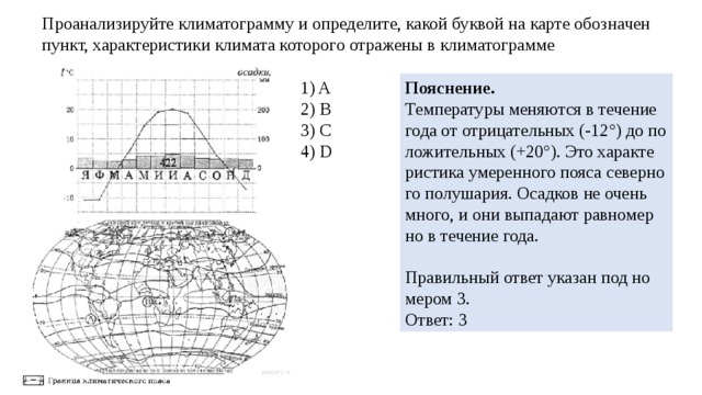 Про­ана­ли­зи­руй­те кли­ма­то­грам­му и опре­де­ли­те, какой бук­вой на карте обозна­чен пункт, ха­рак­те­ри­сти­ки кли­ма­та ко­то­ро­го от­ра­же­ны в кли­ма­то­грам­ме 1) A По­яс­не­ние. 2) B Тем­пе­ра­ту­ры ме­ня­ют­ся в те­че­ние года от от­ри­ца­тель­ных (-12 ° ) до по­ло­жи­тель­ных (+20 ° ). Это ха­рак­те­ри­сти­ка уме­рен­но­го пояса се­вер­но­го по­лу­ша­рия. Осад­ков не очень много, и они вы­па­да­ют рав­но­мер­но в те­че­ние года. 3) C   4) D Пра­виль­ный ответ ука­зан под но­ме­ром 3. Ответ: 3 