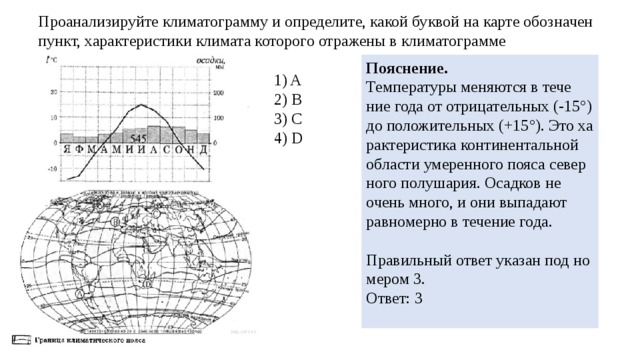 Про­ана­ли­зи­руй­те кли­ма­то­грам­му и опре­де­ли­те, какой бук­вой на карте обозна­чен пункт, ха­рак­те­ри­сти­ки кли­ма­та ко­то­ро­го от­ра­же­ны в кли­ма­то­грам­ме По­яс­не­ние. Тем­пе­ра­ту­ры ме­ня­ют­ся в те­че­ние года от от­ри­ца­тель­ных (-15 ° ) до по­ло­жи­тель­ных (+15 ° ). Это ха­рак­те­ри­сти­ка кон­ти­нен­таль­ной об­ла­сти уме­рен­но­го пояса се­вер­но­го по­лу­ша­рия. Осад­ков не очень много, и они вы­па­да­ют рав­но­мер­но в те­че­ние года.   Пра­виль­ный ответ ука­зан под но­ме­ром 3. Ответ: 3   1) A 2) B 3) C 4) D 