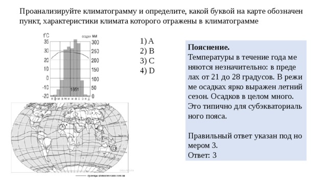 Про­ана­ли­зи­руй­те кли­ма­то­грам­му и опре­де­ли­те, какой бук­вой на карте обозна­чен пункт, ха­рак­те­ри­сти­ки кли­ма­та ко­то­ро­го от­ра­же­ны в кли­ма­то­грам­ме 1) A 2) B 3) C 4) D По­яс­не­ние. Тем­пе­ра­ту­ры в те­че­ние года ме­ня­ют­ся не­зна­чи­тель­но: в пре­де­лах от 21 до 28 гра­ду­сов. В ре­жи­ме осад­ках ярко вы­ра­жен лет­ний сезон. Осад­ков в целом много. Это ти­пич­но для суб­эк­ва­то­ри­аль­но­го пояса.   Пра­виль­ный ответ ука­зан под но­ме­ром 3. Ответ: 3 