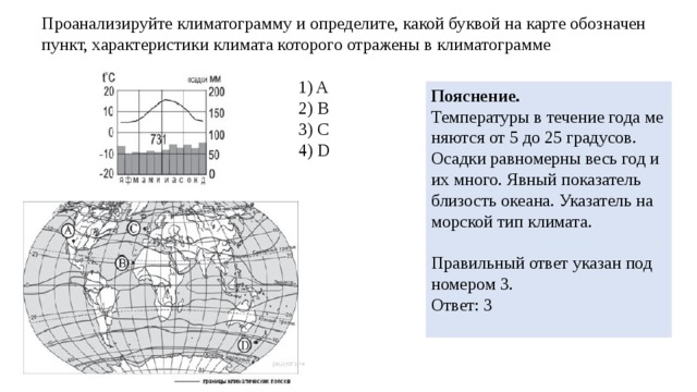 Про­ана­ли­зи­руй­те кли­ма­то­грам­му и опре­де­ли­те, какой бук­вой на карте обозна­чен пункт, ха­рак­те­ри­сти­ки кли­ма­та ко­то­ро­го от­ра­же­ны в кли­ма­то­грам­ме 1) A 2) B 3) C 4) D По­яс­не­ние. Тем­пе­ра­ту­ры в те­че­ние года ме­ня­ют­ся от 5 до 25 гра­ду­сов. Осад­ки рав­но­мер­ны весь год и их много. Явный по­ка­за­тель бли­зость оке­а­на. Ука­за­тель на мор­ской тип кли­ма­та.   Пра­виль­ный ответ ука­зан под но­ме­ром 3. Ответ: 3   