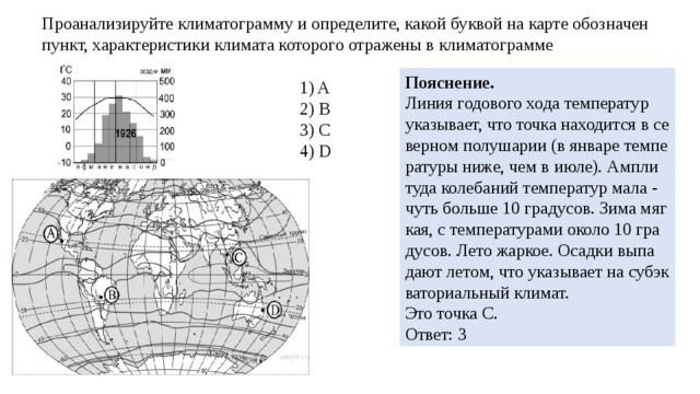 Про­ана­ли­зи­руй­те кли­ма­то­грам­му и опре­де­ли­те, какой бук­вой на карте обозна­чен пункт, ха­рак­те­ри­сти­ки кли­ма­та ко­то­ро­го от­ра­же­ны в кли­ма­то­грам­ме По­яс­не­ние. Линия го­до­во­го хода тем­пе­ра­тур ука­зы­ва­ет, что точка на­хо­дит­ся в се­вер­ном по­лу­ша­рии (в ян­ва­ре тем­пе­ра­ту­ры ниже, чем в июле). Ам­пли­ту­да ко­ле­ба­ний тем­пе­ра­тур мала - чуть боль­ше 10 гра­ду­сов. Зима мяг­кая, с тем­пе­ра­ту­ра­ми около 10 гра­ду­сов. Лето жар­кое. Осад­ки вы­па­да­ют летом, что ука­зы­ва­ет на суб­эк­ва­то­ри­аль­ный кли­мат. Это точка С. Ответ: 3 1) A 2) B 3) C 4) D 