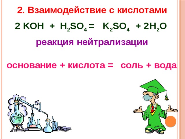 2. Взаимодействие с кислотами KOH + H 2 SO 4 = K 2 SO 4 +  H 2 O  2  2 реакция нейтрализации основание + кислота = соль + вода 