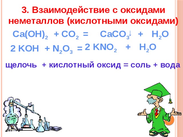 3. Взаимодействие с оксидами неметаллов (кислотными оксидами) ↓ Ca(OH) 2 + CO 2   = CaCO 3   +  H 2 O KNO 2   +  H 2 O 2 KOH + N 2 O 3   = 2 щелочь + кислотный оксид = соль + вода 