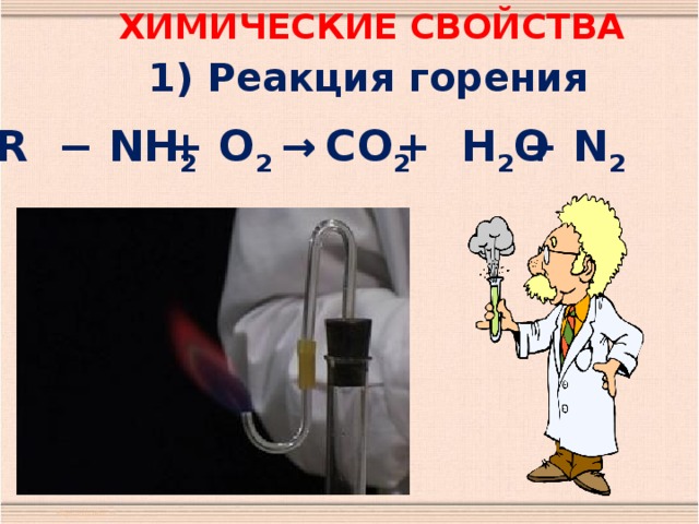 Химические свойства 1) Реакция горения R − NH 2 + О 2 → СО 2 + Н 2 О + N 2 