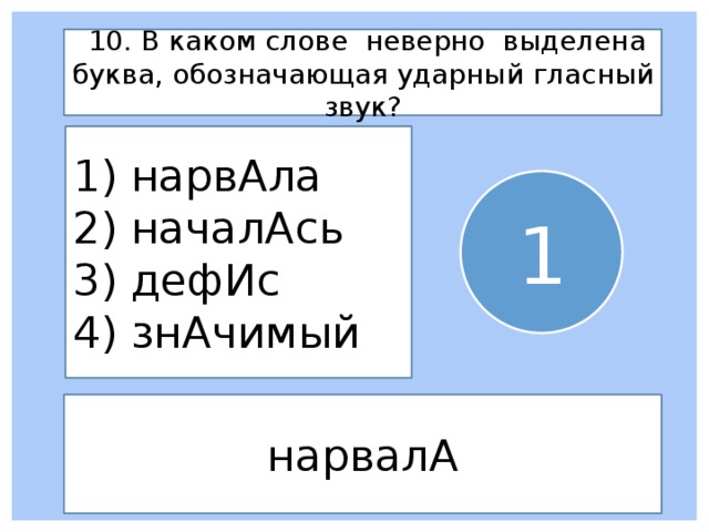  10. В каком слове неверно выделена буква, обозначающая ударный гласный звук? 1) нарвАла 2) началАсь 3) дефИс 4) знАчимый 1 нарвалА 