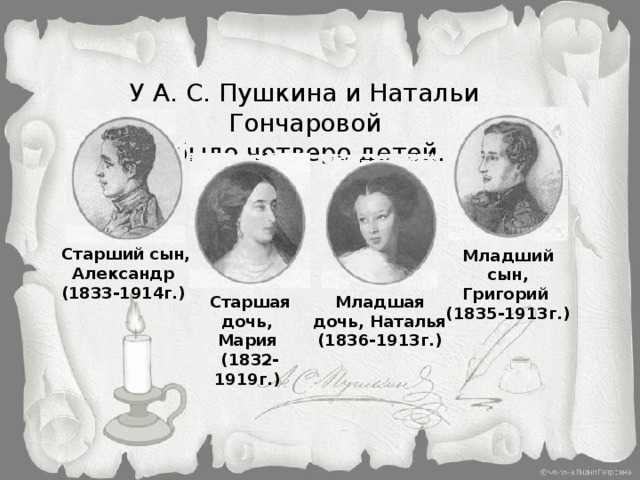У А. С. Пушкина и Натальи Гончаровой  было четверо детей. Старший сын, Александр (1833-1914г.) Младший сын, Григорий (1835-1913г.)  Старшая дочь, Младшая дочь, Наталья Мария (1836-1913г.) (1832-1919г.)