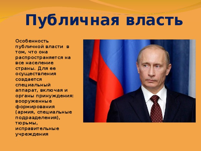 Публичная власть Особенность публичной власти в том, что она распространяется на все население страны. Для ее осуществления создается специальный аппарат, включая и органы принуждения: вооруженные формирования (армия, специальные подразделения), тюрьмы, исправительные учреждения 