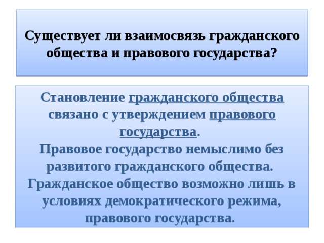 Взаимосвязь гражданского общества и правового государства план