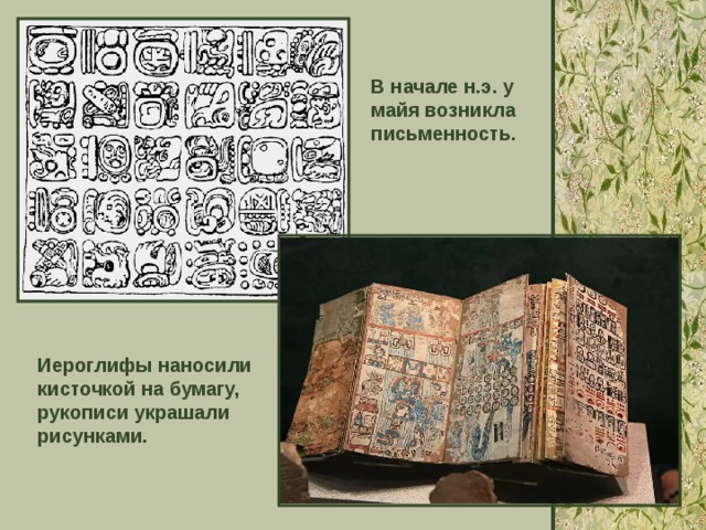 В начале н.э. у майя возникла письменность. Иероглифы наносили кисточкой на бумагу, рукописи украшали рисунками. 