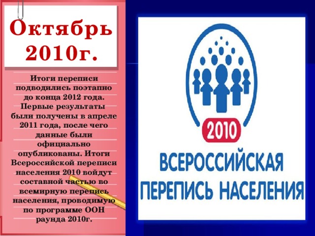 Октябрь2010г. Итоги переписи подводились поэтапно до конца 2012 года. Первые результаты были получены в апреле 2011 года, после чего данные были официально опубликованы. Итоги Всероссийской переписи населения 2010 войдут составной частью во всемирную перепись населения, проводимую по программе ООН раунда 2010г. 