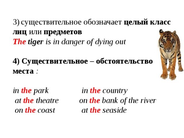 3)  существительное обозначает целый класс лиц или предметов The tiger is in danger of dying out  4) Существительное – обстоятельство места :  in the park in the country  at the theatre on the bank of the river  on the coast at the seaside  