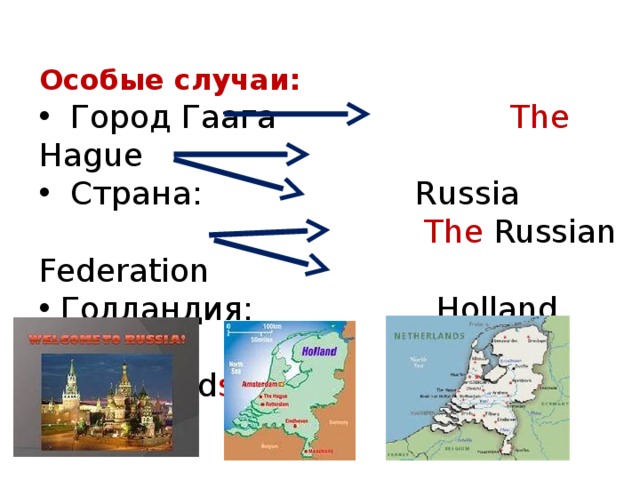 Особые случаи:  Город Гаага The Hague  Страна: Russia  The Russian Federation  Голландия: Holland  The Netherland s  