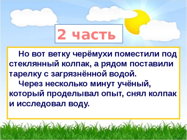 2 часть  Но вот ветку черёмухи поместили под стеклянный колпак, а рядом поставили тарелку с загрязнённой водой.  Через несколько минут учёный, который проделывал опыт, снял колпак и исследовал воду.  