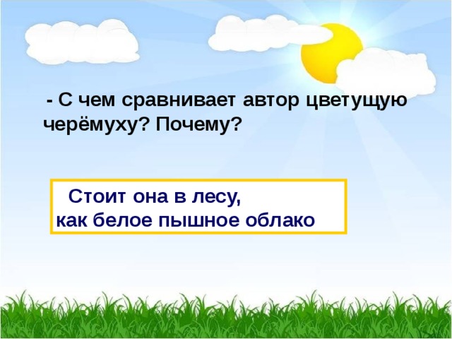  - С чем сравнивает автор цветущую черёмуху? Почему?  Стоит она в лесу, как белое пышное облако 