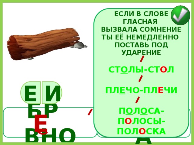 ЕСЛИ В СЛОВЕ ГЛАСНАЯ ВЫЗВАЛА СОМНЕНИЕ ТЫ ЕЁ НЕМЕДЛЕННО ПОСТАВЬ ПОД УДАРЕНИЕ  СТ О ЛЫ-СТ О Л  ПЛ Е ЧО-ПЛ Е ЧИ  П О Л О СА-П О ЛОСЫ-ПОЛ О СКА Е И Е БРЁВНА БР ВНО 