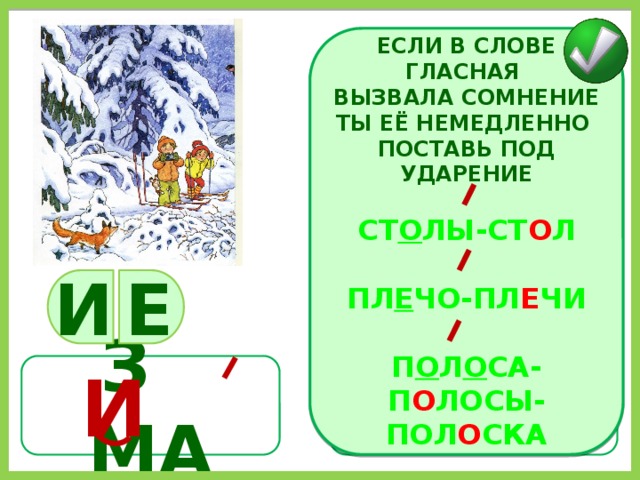 ЕСЛИ В СЛОВЕ ГЛАСНАЯ ВЫЗВАЛА СОМНЕНИЕ ТЫ ЕЁ НЕМЕДЛЕННО ПОСТАВЬ ПОД УДАРЕНИЕ  СТ О ЛЫ-СТ О Л  ПЛ Е ЧО-ПЛ Е ЧИ  П О Л О СА-П О ЛОСЫ-ПОЛ О СКА И Е И ЗИМЫ З МА 
