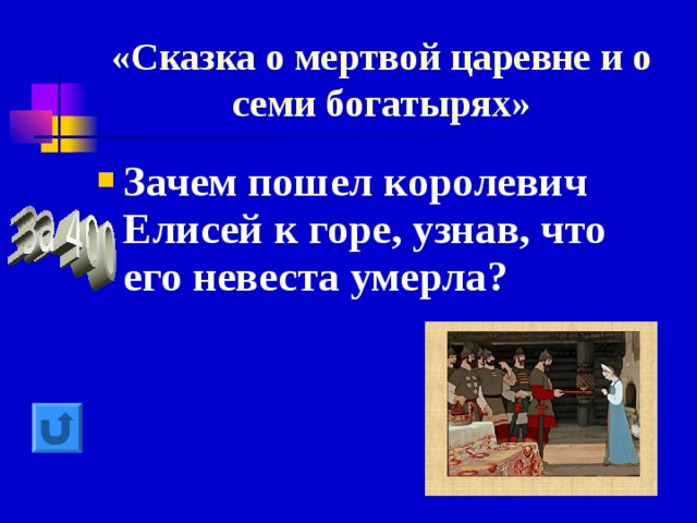 «Сказка о мертвой царевне и о семи богатырях» Зачем пошел королевич Елисей к горе, узнав, что его невеста умерла? 