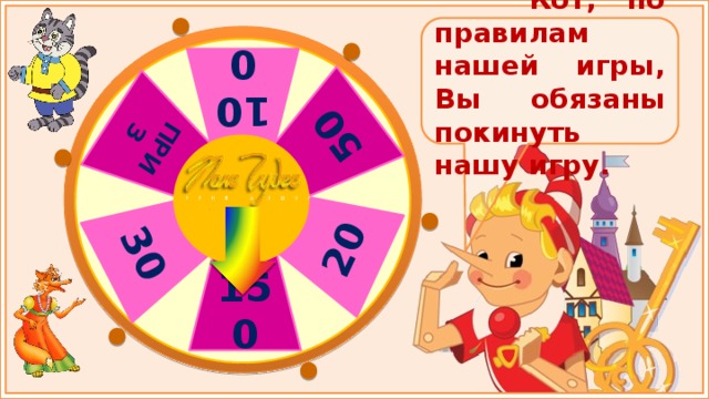 100 50 20 30 ПРИЗ  Кот, по правилам нашей игры, Вы обязаны покинуть нашу игру. 150 